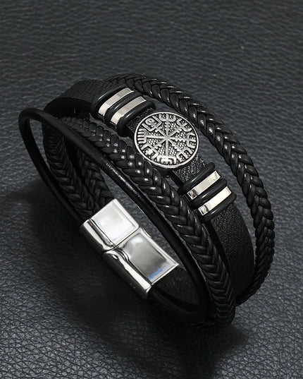 Bracelet en cuir tressé multicouche pour homme, boussole et œil protecteur – Style tendance