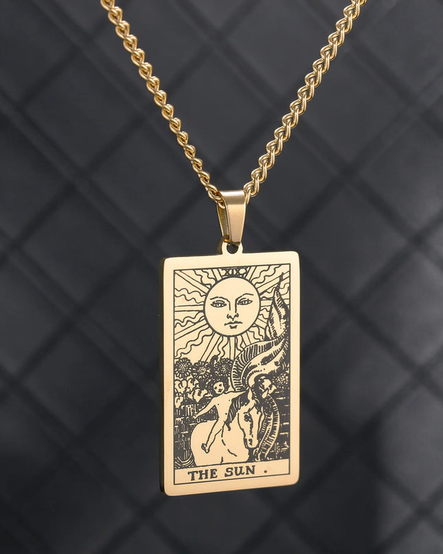 Collana con ciondolo a forma di tarocchi in acciaio inossidabile – Stella / Sole / Luna – Stile etnico unisex