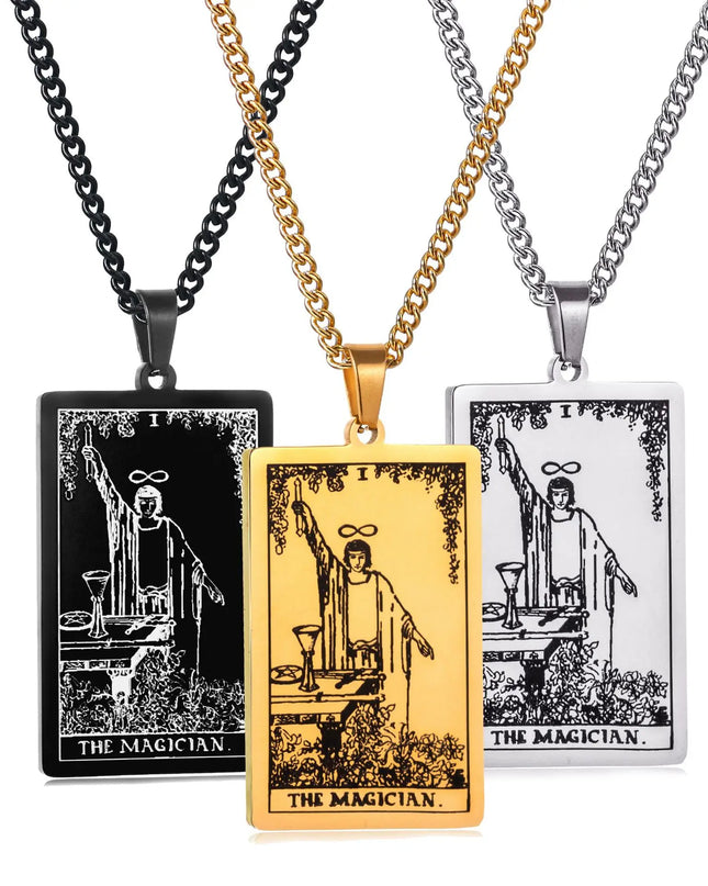 Collana con ciondolo a forma di tarocchi in acciaio inossidabile – Stella / Sole / Luna – Stile etnico unisex