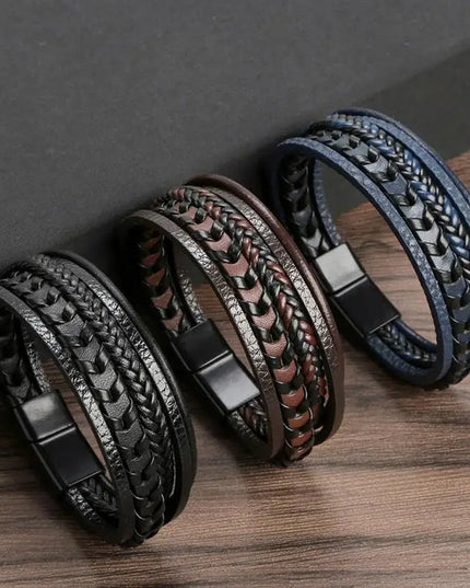 Bracelet en cuir tressé pour homme, multicouche, tissé à la main – 19, 21, 23 cm – Style punk et classique
