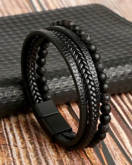Bracelet homme en cuir multicouche avec perles œil de tigre – Style classique et tendance – Idée cadeau homme.