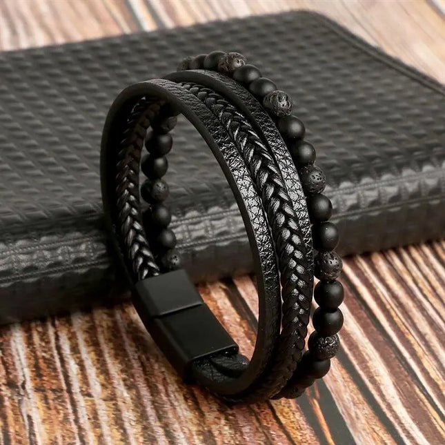 Bracciale da uomo in pelle multistrato con perline occhio di tigre – Stile classico e di tendenza – Idea regalo per uomo.