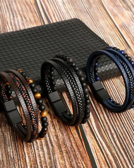 Bracelet homme en cuir multicouche avec perles œil de tigre – Style classique et tendance – Idée cadeau homme.