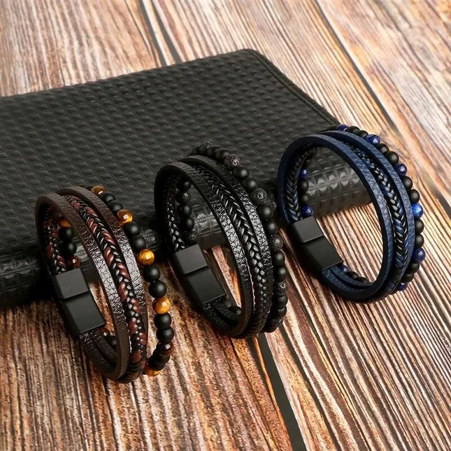Bracciale da uomo in pelle multistrato con perline occhio di tigre – Stile classico e di tendenza – Idea regalo per uomo.