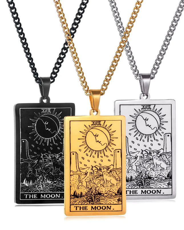 Collana con ciondolo a forma di tarocchi in acciaio inossidabile – Stella / Sole / Luna – Stile etnico unisex