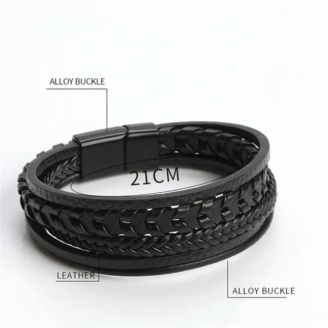 Bracciale da uomo in pelle intrecciata, multistrato, lavorato a mano – 19, 21, 23 cm – Stile punk e classico