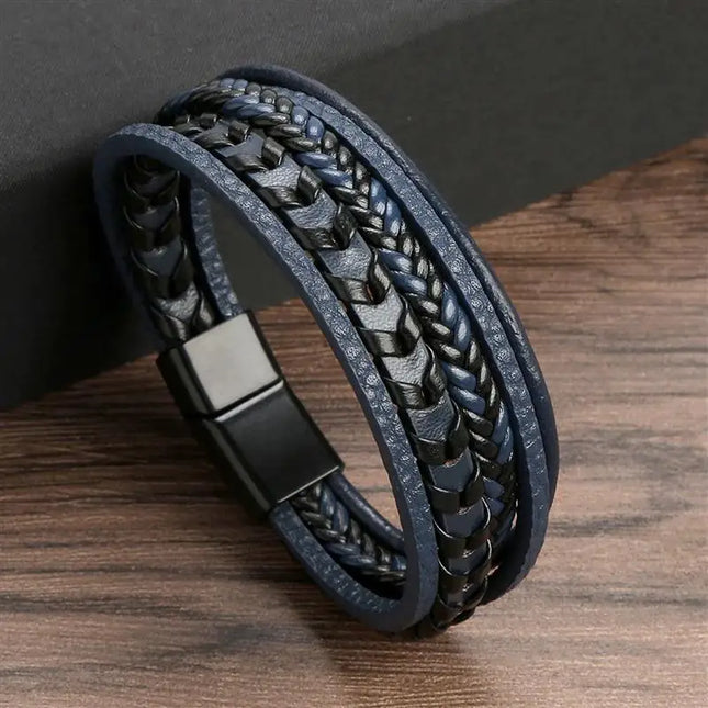 Bracciale da uomo in pelle intrecciata, multistrato, lavorato a mano – 19, 21, 23 cm – Stile punk e classico