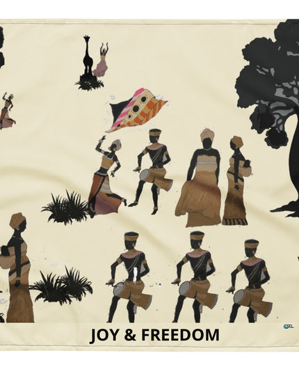 Bandana imprimé JOY & FREEDOM avec des motifs artistiques représentant la culture et la danse.
