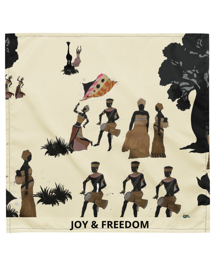 Bandana imprimé JOY & FREEDOM avec des motifs artistiques culturels et des personnages dans une scène dynamique.