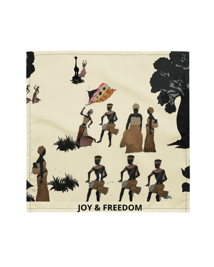 Bandana imprimé JOY & FREEDOM avec des motifs artistiques et culturels, style tendance et polyvalent.