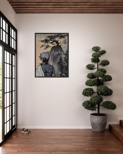 Gintoki pastel sec acrylique imprimé accroché dans un intérieur moderne avec plante décorative.